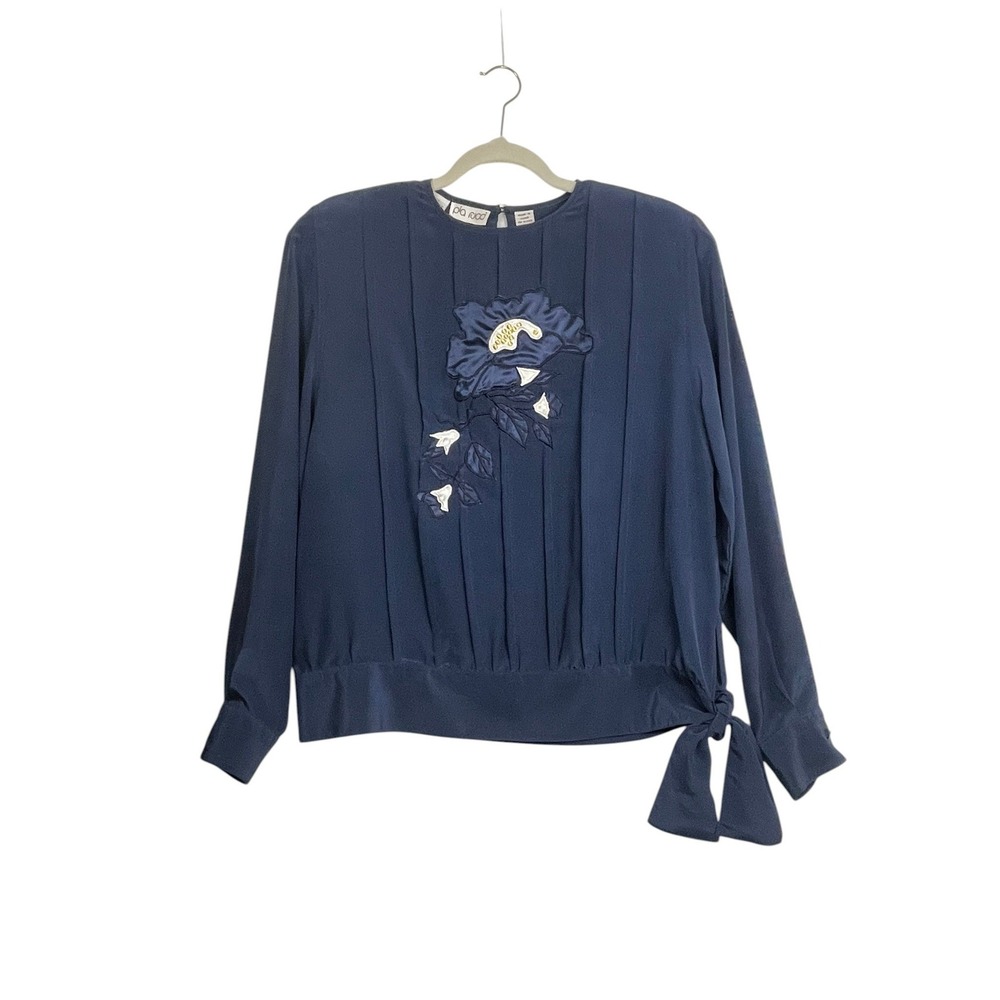 Pia Rucci Blouse 12 Navy Silk Pintuck Floral Applique Side Tie Vintage Romantic